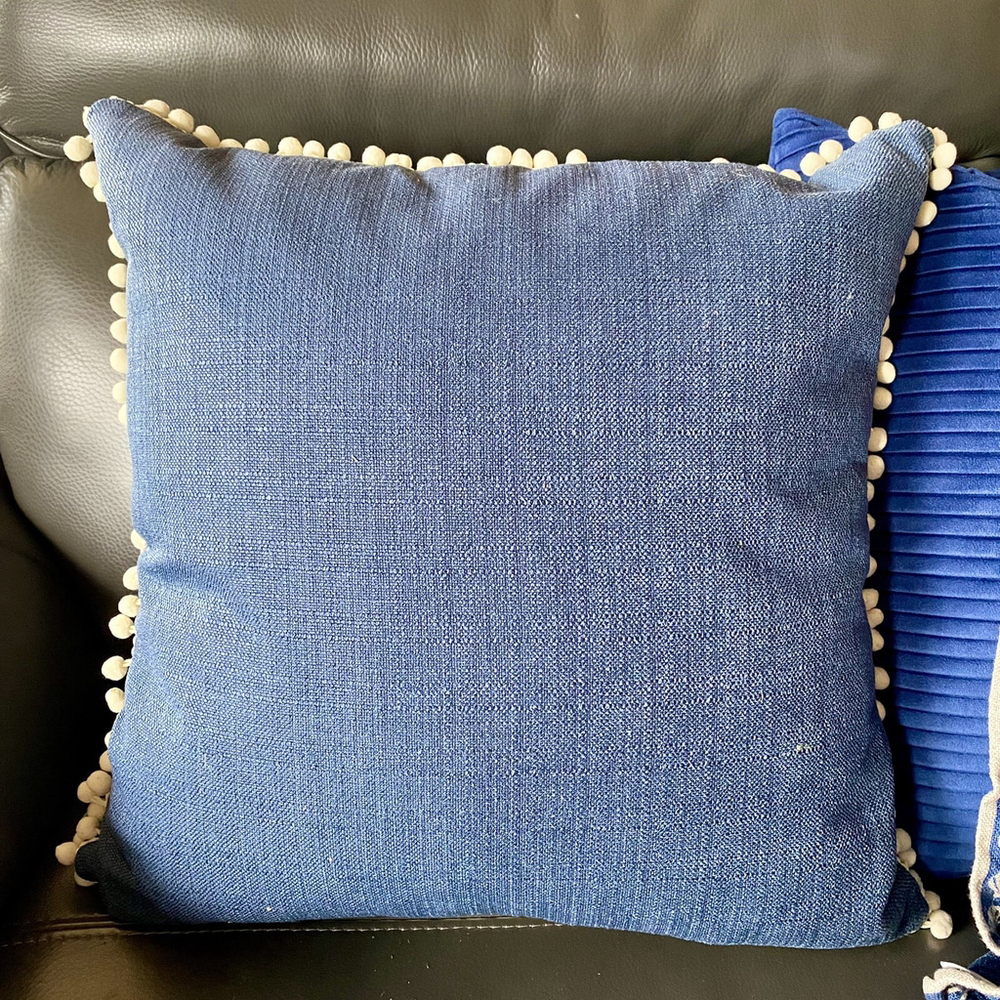 Blue Decorative Throw Pillow Couch Bedroom Decor with Pom Poms Tassel Feather
